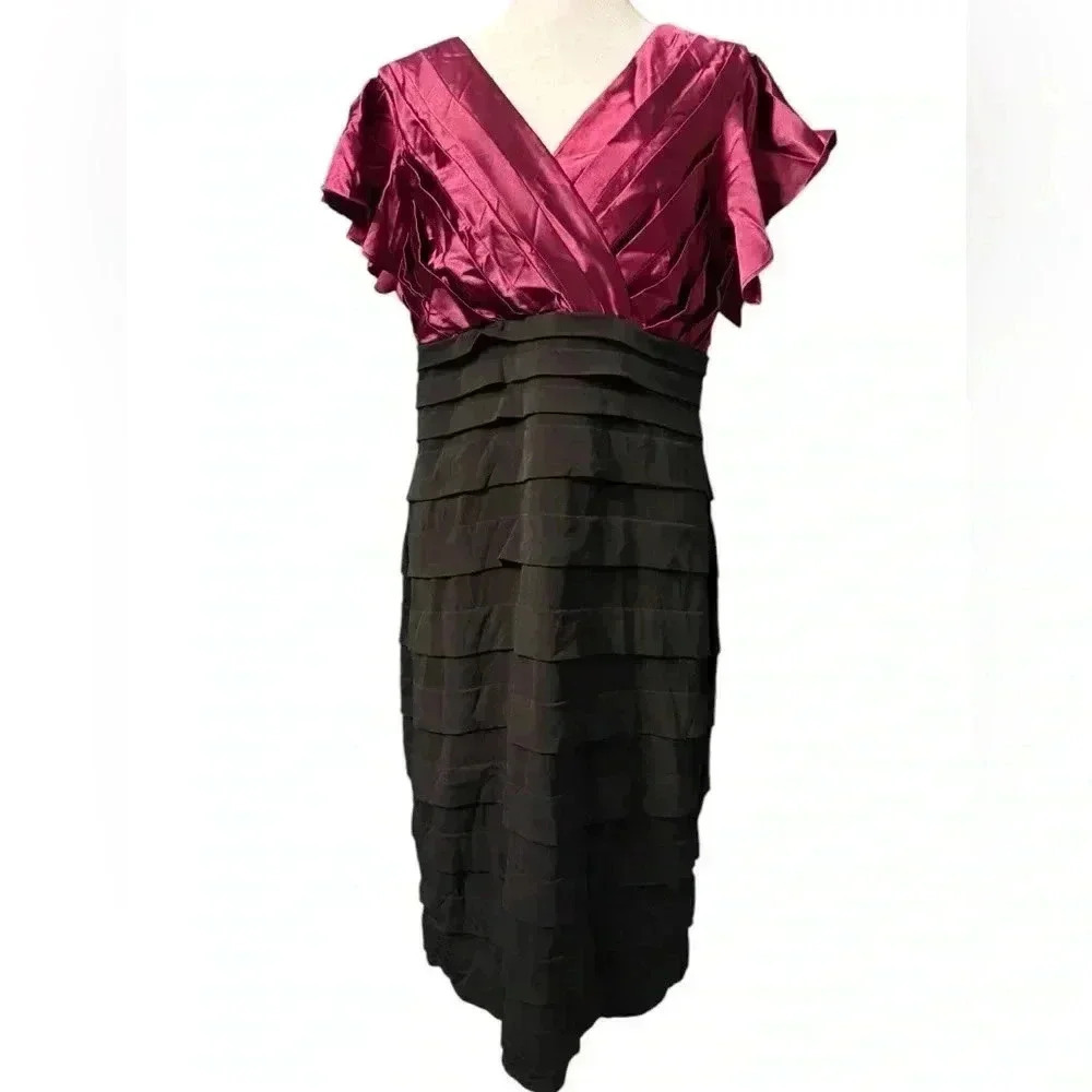 Women’s midi tiered lined stretchy dress in magenta & black by Sangaria Size 14